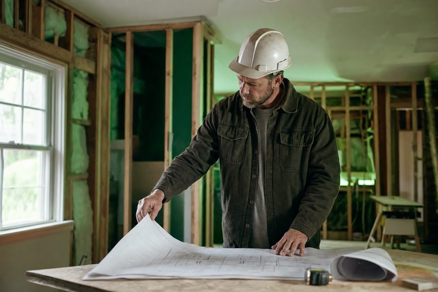 General contractor reviewing plans at a job site