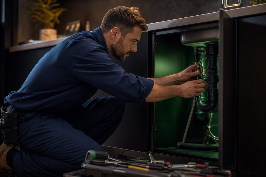 Plumber working on a residential service call