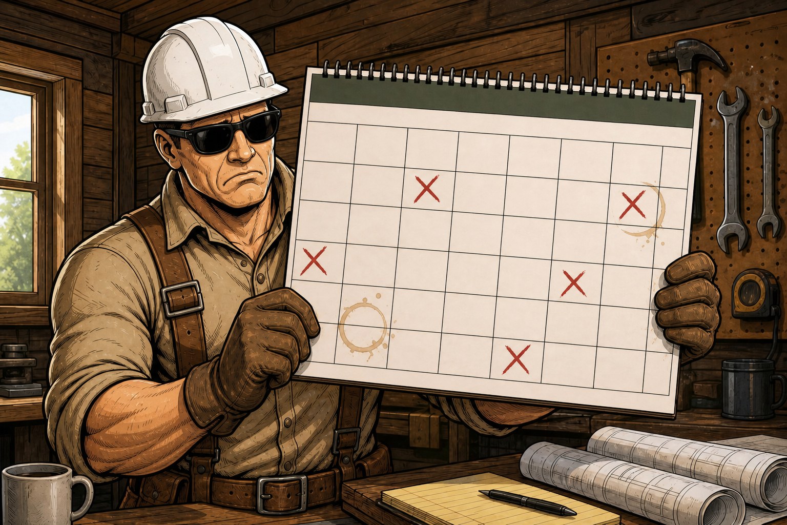 Duke looking disappointed at a calendar full of empty job slots
