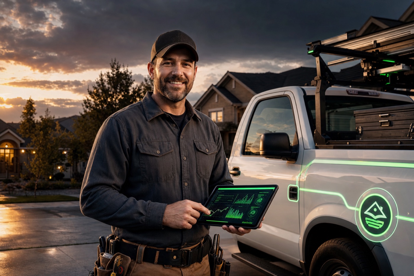 Service truck ready for the day's calls in a residential neighborhood