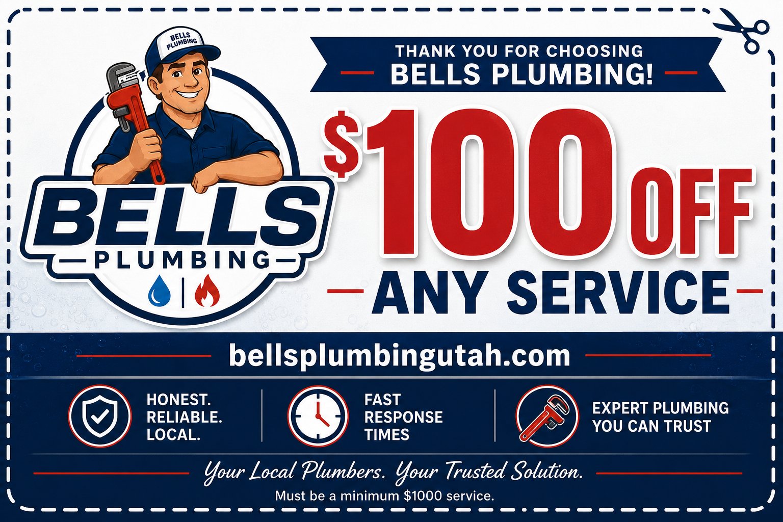 Bells Plumbing coupon — $100 off any service over $1,000