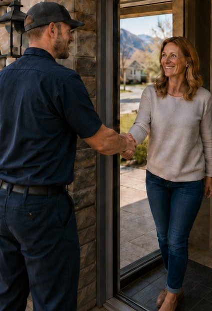 Bells Plumbing technician greeting a customer at their door
