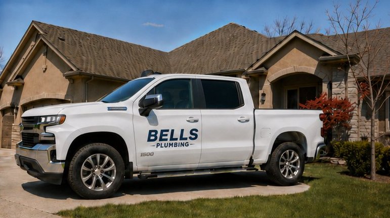Bells Plumbing truck parked at a customer's home